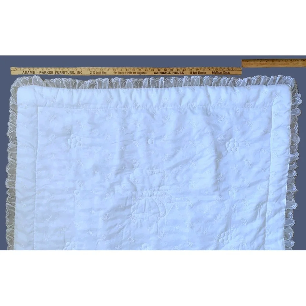 1960's Oyster Nylon Silky Feel Crib Comforter Blankie Quilt Embroidery & Lace